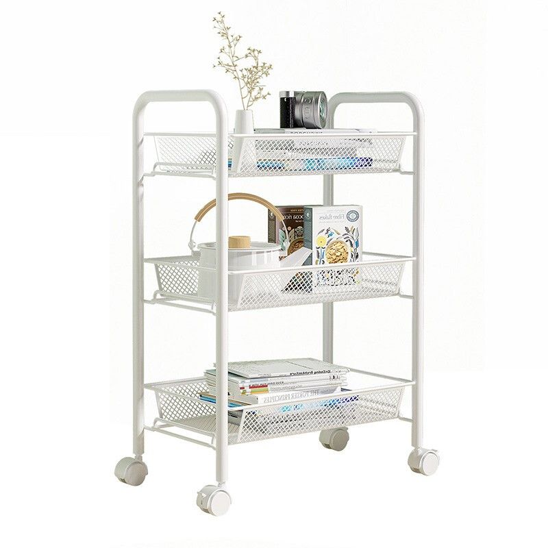 Jiabai storage rack JB-414W with wheels, removable, Cree exquisite honeycomb mesh, 44*26*62CM, carbon steel + pp material, 3 layers, ivory white