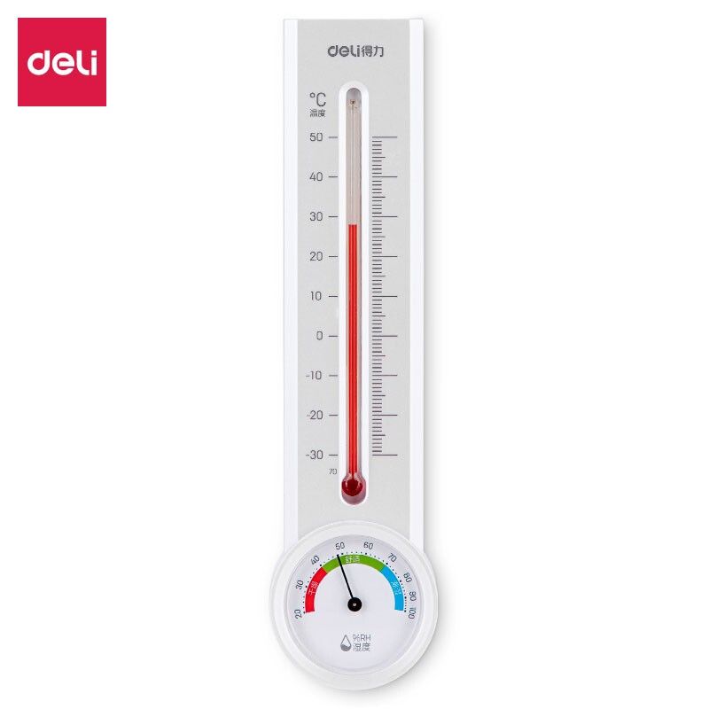 Deli Kerosene Temperature and Hygrometer 8848 Wall-mounted Temperature range -30-50℃ Humidity range 20-100%RH Temperature measurement accuracy ±2℃ Humidity measurement accuracy ±5% ABS plastic shell + red kerosene Humidity three-color logo design white