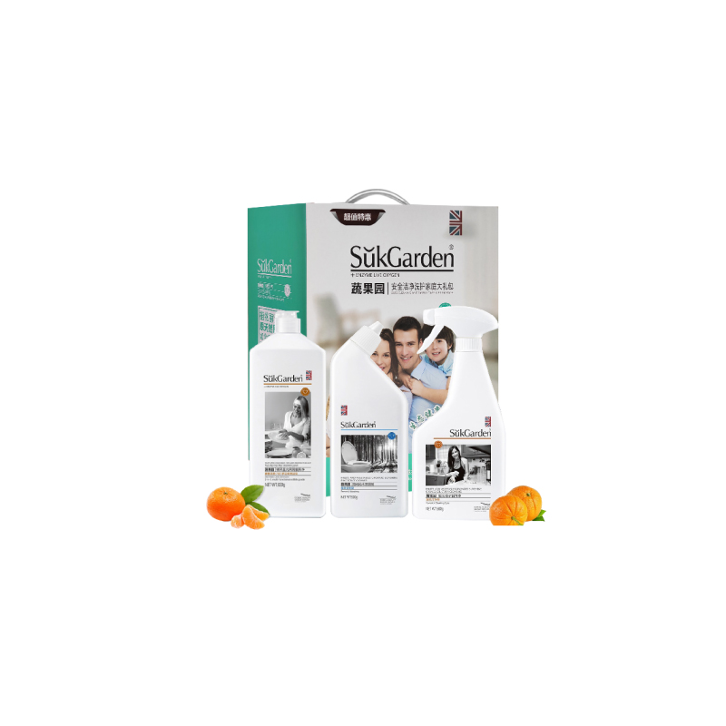 Fruit and Vegetable Garden/SUKGARDEN Three-piece safe, clean, and caring family gift pack Orange Picking Starlight Fruit and Vegetable Tableware Cleaner (2-in-1 multi-functional food grade) 800g*1 Sunshine Orange Oil Stain Cleaner Powerful Cleaning Type 500g*1 Sunshine Pine Toilet Cleaner 500g*1