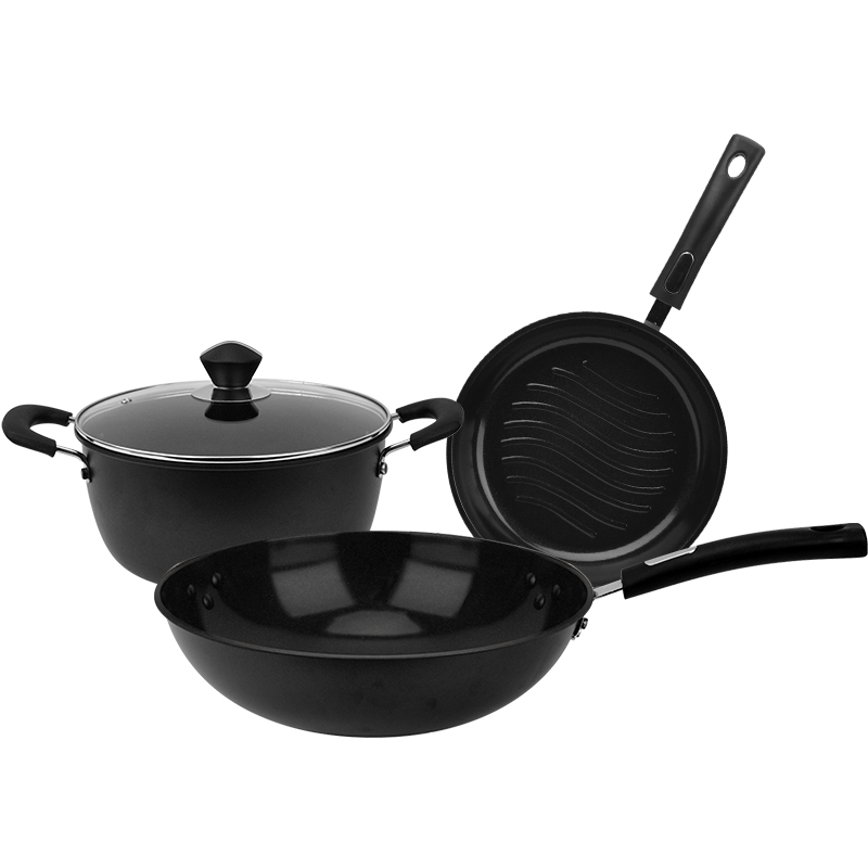 Aibohe three-piece kitchen utensil set BH-T563 fine iron includes: 32cm wok, 24cm soup pot, 24cm frying pan